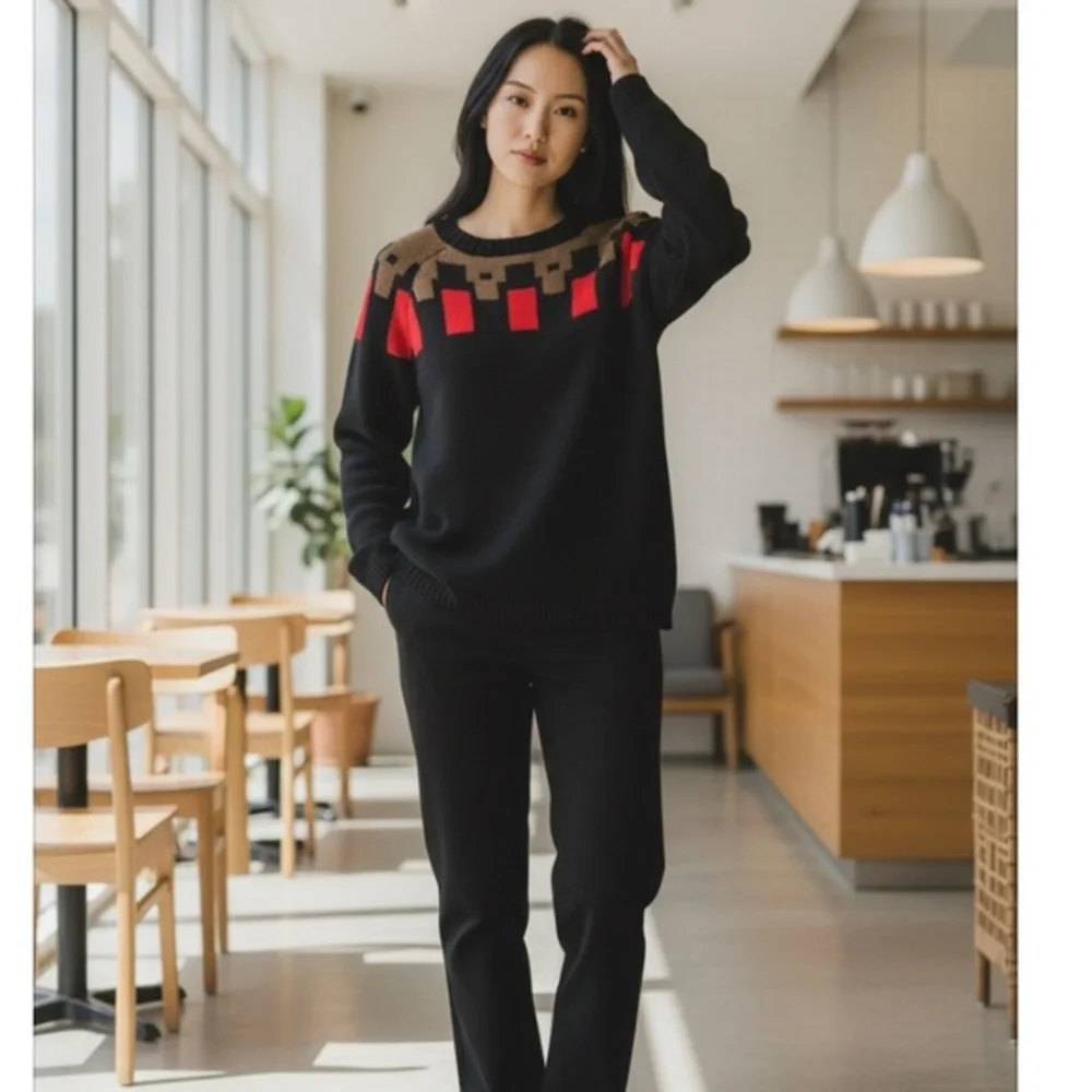 Mango Black Sweater with Red and Brown Detail Crewneck sweater in size xlg